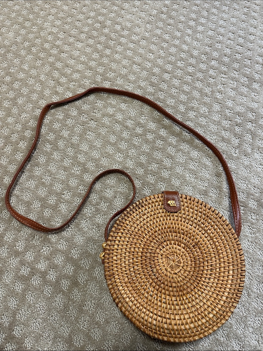 Round Woven Crossbody Bag with Brown Leather Trim